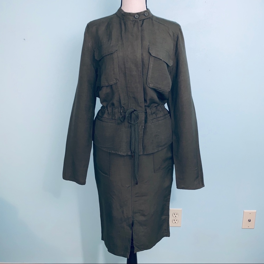 WhoWhatWear 2 Piece Olive Green Jacket/ Skirt Set